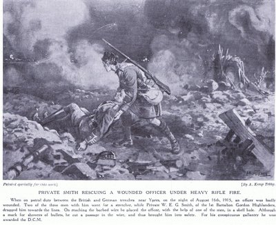 Il soldato Smith che salva un ufficiale ferito sotto pesante fuoco, premiato con DCM Ypres agosto 1915 da Arthur Kemp Tebby